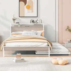 Metal Platform Bed Frame With Trundle Bed, USB Ports And Slat Support-ModernLuxe