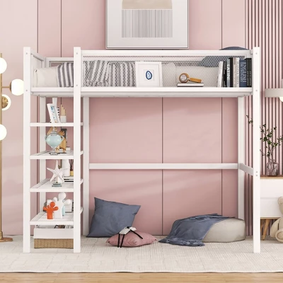 Metal Twin Size Loft Bed With 4 Shelves And Storage - ModernLuxe 3 Metal Twin Size Loft Bed With 4 Shelves And Storage - ModernLuxe