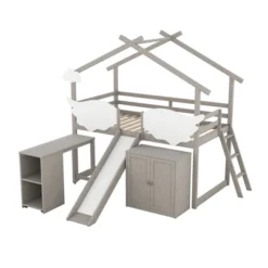 Twin Size House Shape Loft Bed With Wardrobe, Slide And Pullout Desk - ModernLuxe -ModernLuxe GUEST a53aef0a 71b0 4076 9d86 a1935228d28f