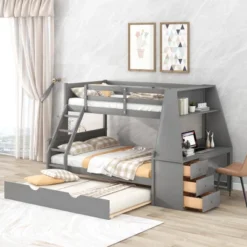 Twin Over Full Bunk Bed With Trundle, Built-in Desk, Three Storage Drawers And Shelf-ModernLuxe -ModernLuxe GUEST a600ebea e714 42dc ac80 f0b4ea9dc5f0