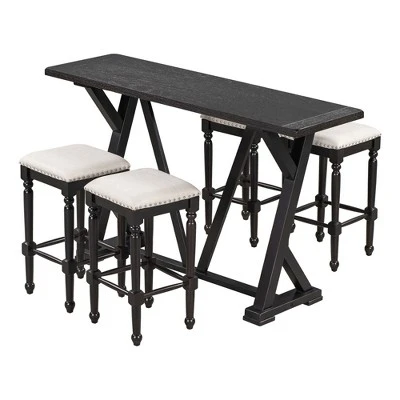 5 PCS Counter Height Wood Dining Table Set, Console Table With Trestle Legs And 4 Stools-ModernLuxe 3 5 PCS Counter Height Wood Dining Table Set, Console Table With Trestle Legs And 4 Stools-ModernLuxe