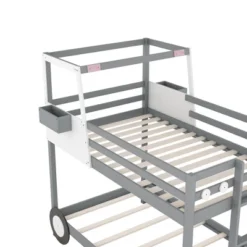 Twin Over Twin Car-Shaped Bunk Bed With Wheels, Drawers And Shelves, Gray - ModernLuxe -ModernLuxe GUEST b0ccdb0a 82ee 4cd7 a70c d80c7fffd0b5