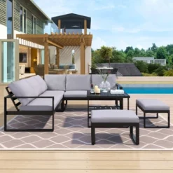 Industrial Style Outdoor Sofa Combo Set With 2 Loveseats, 1 Single Sofa, 1 Table And 2 Ottomans - ModernLuxe