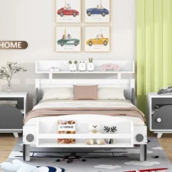 Twin Size Car-Shaped Wooden Platform Bed With Storage Shelf-ModernLuxe