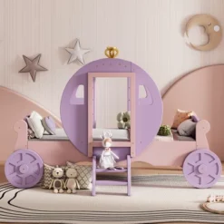 Twin Size Princess Carriage Bed With Crown, Wood Platform Car Bed With Stair-ModernLuxe