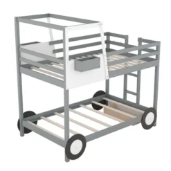 Twin Over Twin Car-Shaped Bunk Bed With Wheels, Drawers And Shelves, Gray - ModernLuxe -ModernLuxe GUEST b5b90a4a 18e1 4662 87fe 773aafff60f7