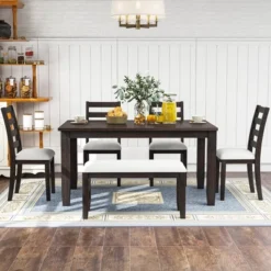 6 PCS Rustic Wood Dining Table Set, Rectangular Table With 4 Chairs & Bench-ModernLuxe