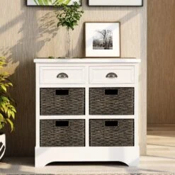 Modernluxe Dining Room/Living Room Storage Cabinet With Two Drawers And Four Classic Rattan Basket-Rustic