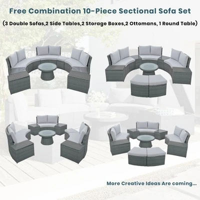 10 PCS Patio PE Rattan Half Round Conversation Set, Outdoor All-weather Wicker Sectional Sofa Set, Light Gray-ModernLuxe 8 10 PCS Patio PE Rattan Half Round Conversation Set, Outdoor All-weather Wicker Sectional Sofa Set, Light Gray-ModernLuxe - Image 6