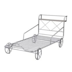 Twin Size Metal Car Bed With Four Wheels, Guardrails And X-Shaped Frame Shelf - ModernLuxe -ModernLuxe GUEST b90d8969 acb2 4df6 8af0 2281154b0fd7