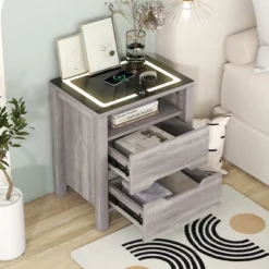 Multifunctional Storage Nightstand With Wireless Charging, Adjustable LED Light, 2 Drawers And 1 Open Shelf - ModernLuxe -ModernLuxe GUEST b96df7d0 6595 4288 a913 7b7ee0395bd0