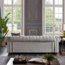 Chesterfield Linen Tufted Nailhead Upholstered Sofa With Wooden Legs - ModernLuxe -ModernLuxe GUEST ba4c2d16 7c99 44d9 bf56 0189e38be2a7