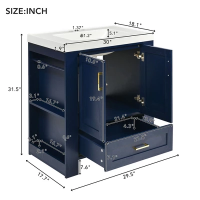30" Bathroom Vanity With Single Sink, Drawer And Double Sided Storage Shelf, Navy Blue - ModernLuxe 4 30" Bathroom Vanity With Single Sink, Drawer And Double Sided Storage Shelf, Navy Blue - ModernLuxe - Image 2