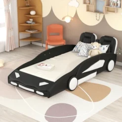 Twin Size Race Car-Shaped Platform Bed With Wheels-ModernLuxe