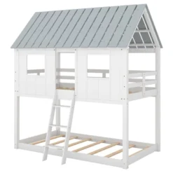 Twin Over Twin Low Bunk Beds With House Shaped Roof And Guardrail, White-ModernLuxe -ModernLuxe GUEST bd7f0bb8 5c84 4939 9f57 343b13d1d4f6