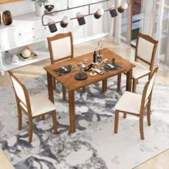 5-Piece Wood Dining Table Set With Upholstered Chairs-ModernLuxe