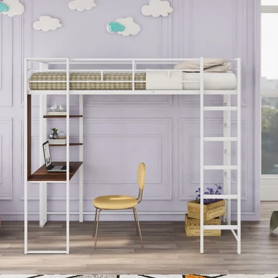 Twin Metal Loft Bed With 2 Shelves And Desk - ModernLuxe 3 Twin Metal Loft Bed With 2 Shelves And Desk - ModernLuxe