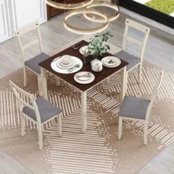 5 Piece Industrial Dining Table Set Wooden Kitchen Table And 4 Chairs, Cottage White - ModernLuxe