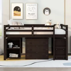 Low Study Full Loft Bed With Cabinets, Shelving And Rolling Portable Desk - ModernLuxe