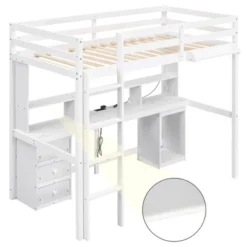 Loft Bed With Multi-Function Storage Table, LED Lights, Bedside Tray And Charging Station, White - ModernLuxe -ModernLuxe GUEST c2675a28 6090 4a91 8e6a 122b69e817e7