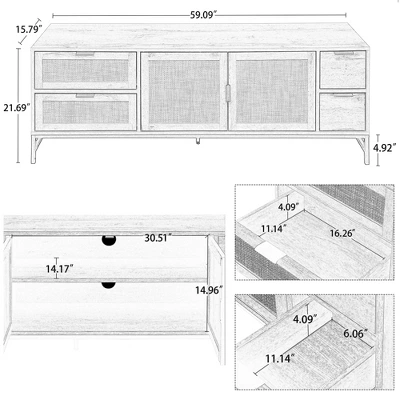 59.09" Elegant Rattan TV Stand With Adjustable Shelves And Wood Grain Finish - ModernLuxe 4 59.09" Elegant Rattan TV Stand With Adjustable Shelves And Wood Grain Finish - ModernLuxe - Image 2