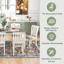 7-Piece Wooden Dining Table Set With 1 Dining Table And 6 Upholstered Chairs With Shaped Legs, Gray+White - ModernLuxe -ModernLuxe GUEST c3d15ead 92ad 4179 916c fc6b56408059