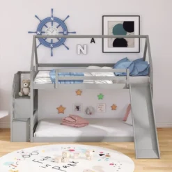 Twin Over Twin Bunk Bed In House Shape With Slide And Storage Staircase-ModernLuxe