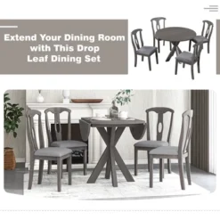 5-Piece Rustic Wooden Round Dining Table Set With Drop Leaf And 4 Upholstered Dining Chairs, Gray - ModernLuxe -ModernLuxe GUEST c6a85a73 4de3 4aa0 9abb 3be64575cd35