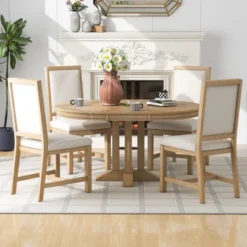 5-Piece Dining Set With Extendable Round Table And 4 Upholstered Chairs - ModernLuxe