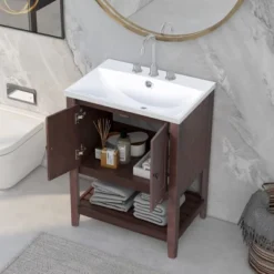 24" Modern Stylish Bathroom Vanity With Porcelain Sink And Open Shelves - ModernLuxe