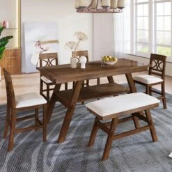 Rustic 6-Piece Wood Counter Height Dining Table Set With Storage Shelf, 4 Chairs And Bench-ModernLuxe -ModernLuxe GUEST cc803b8d fb4d 4088 83a1 b09a58a38d99