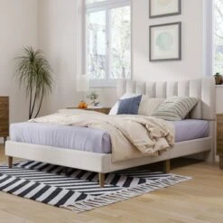 Upholstered Wood Platform Bed Frame With Vertical Channel Tufted Headboard-ModernLuxe