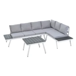 Industrial Aluminum Outdoor Patio Furniture Set Of 5 With End And Coffee Tables, White+Gray - ModernLuxe -ModernLuxe GUEST cd6793dd 1adb 4b2a 8f2a 7b58d38a201b