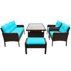 6 PCS Patio PE Rattan Conversation Set, Outdoor Wicker Sectional Sofa With Removable Cushions And Tempered Glass Table-ModernLuxe