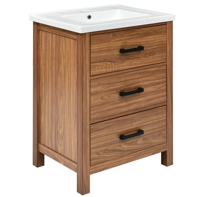 24" Bathroom Vanity With Ceramic Basin Sink And 3 Drawers, Natural - ModernLuxe 5 24" Bathroom Vanity With Ceramic Basin Sink And 3 Drawers, Natural - ModernLuxe - Image 3
