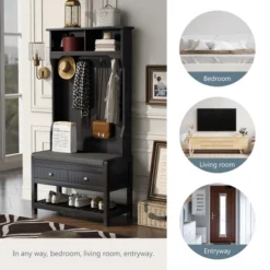 33.5" 3-in-1 Design Hall Tree With 4 Hooks, Coat Hanger And Entryway Storage Bench - ModernLuxe -ModernLuxe GUEST d3bc2c7b 4e88 4487 8f74 b7ef501a876e