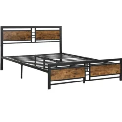 Queen Size Metal Platform Bed With Wood Headboard And Footboard, Antique Brown - ModernLuxe -ModernLuxe GUEST d602de48 1232 4f47 9d7d e834a06b8953