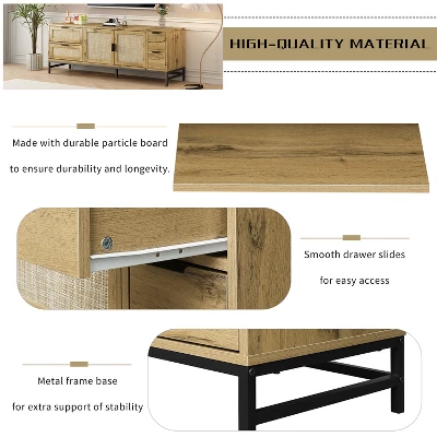 59.09" Elegant Rattan TV Stand With Adjustable Shelves And Wood Grain Finish - ModernLuxe 10 59.09" Elegant Rattan TV Stand With Adjustable Shelves And Wood Grain Finish - ModernLuxe - Image 8
