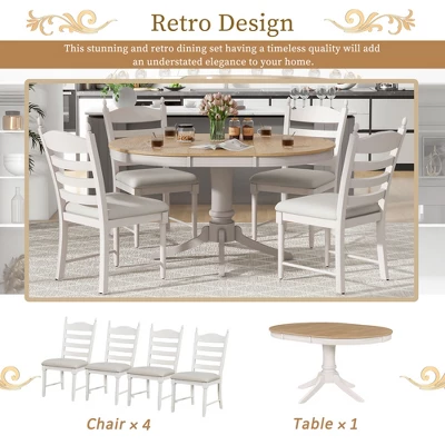 5-Piece Vintage Wood Extendable Dining Table Sets With 4 Upholstered Dining Chairs - ModernLuxe 6 5-Piece Vintage Wood Extendable Dining Table Sets With 4 Upholstered Dining Chairs - ModernLuxe - Image 4