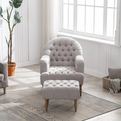 Mid Century Button-Tufted Upholstered Accent Chair Set With Linen Fabric And Ottoman-ModernLuxe 3 Mid Century Button-Tufted Upholstered Accent Chair Set With Linen Fabric And Ottoman-ModernLuxe