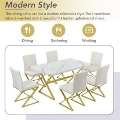 7 PCS Modern Dining Table Set, Marble Texture Kitchen Table And 6 PU Leather Chairs With X-Shaped Gold Steel Pipe Legs, White+Gold-ModernLuxe -ModernLuxe GUEST dbb53ad5 8439 418c b942 39f9298dbefa