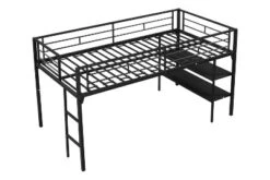 Metal Twin Size Low Loft Bed With Storage Shelf And Stairs, Black - ModernLuxe -ModernLuxe GUEST dd82cb50 f6d7 4472 b8f3 4422a3751b2f