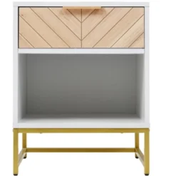 Nightstand With USB Charging Ports, End Table With 1 Drawer And Metal Legs, White+Natural Finish-ModernLuxe -ModernLuxe GUEST de36e679 4aed 4fa4 b4cd 1bffd4612b89