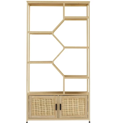 7-Tier Rattan Storage Bookshelf With 2 Doors, Natural – ModernLuxe 6 7-Tier Rattan Storage Bookshelf With 2 Doors, Natural – ModernLuxe - Image 4