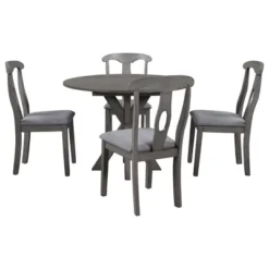 5-Piece Rustic Wooden Round Dining Table Set With Drop Leaf And 4 Upholstered Dining Chairs, Gray - ModernLuxe -ModernLuxe GUEST e0ebfcfc 8af6 49f4 997d 4e195bd8b197