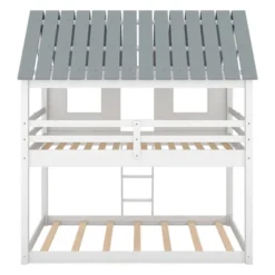 Twin Over Twin Low Bunk Beds With House Shaped Roof And Guardrail, White-ModernLuxe -ModernLuxe GUEST e3cf5099 0a48 4cd6 91e5 6ea278d6dd20