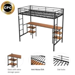 Metal Twin Size Low Loft Bed With Storage Shelf And Table, Black - ModernLuxe -ModernLuxe GUEST e40513af 7780 4d5c a91e e0f24df9e08a