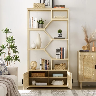 7-Tier Rattan Storage Bookshelf With 2 Doors, Natural – ModernLuxe 3 7-Tier Rattan Storage Bookshelf With 2 Doors, Natural – ModernLuxe