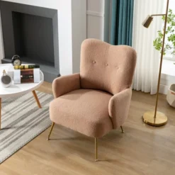Modern Accent Chair With Golden Metal Legs, High Back Armchair In Teddy Short Plush Particle-ModernLuxe -ModernLuxe GUEST e766976c 8662 4785 b1b7 cfb402e7dbe2