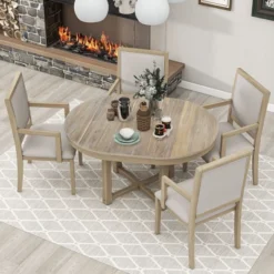 5 PCS Round Extendable Dining Table Set With Butterfly Leaf And 4 Upholstered Dining Armchairs-ModernLuxe